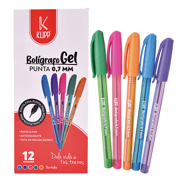 BOLÍGRAFO TAPA GEL PUNTA FINA 0.7 SURTIDO 12 UND KLIPP